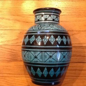Safi Pottery - Morroccan Round Black and Turquoise Vase /Jar